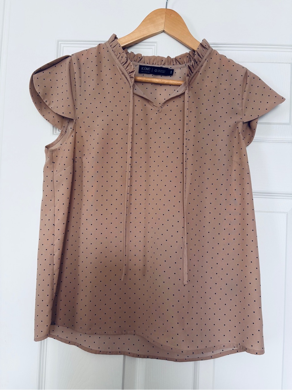 Simons Pink Polka Dot Ruffle Tie-Neck Blouse